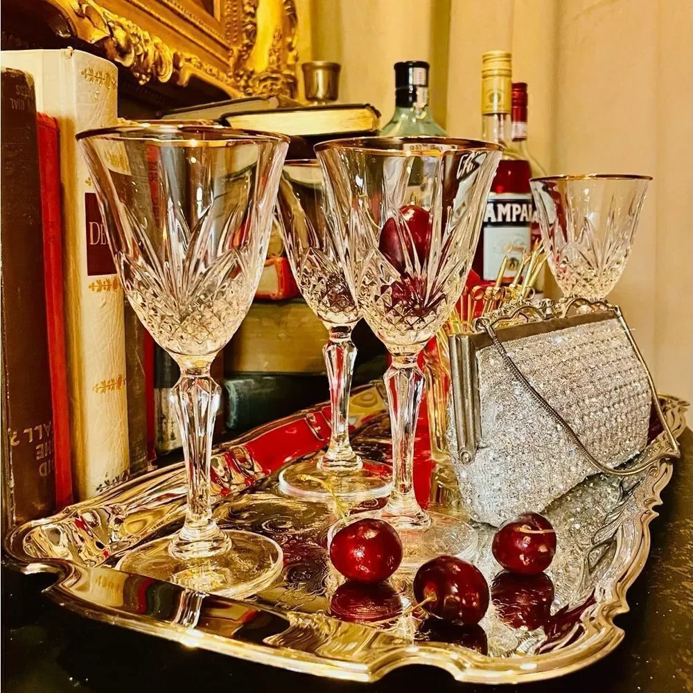 ♥️4 Salzburg Gold crystal water goblets  by CRISTAL DE FLANDRE discontinued run
